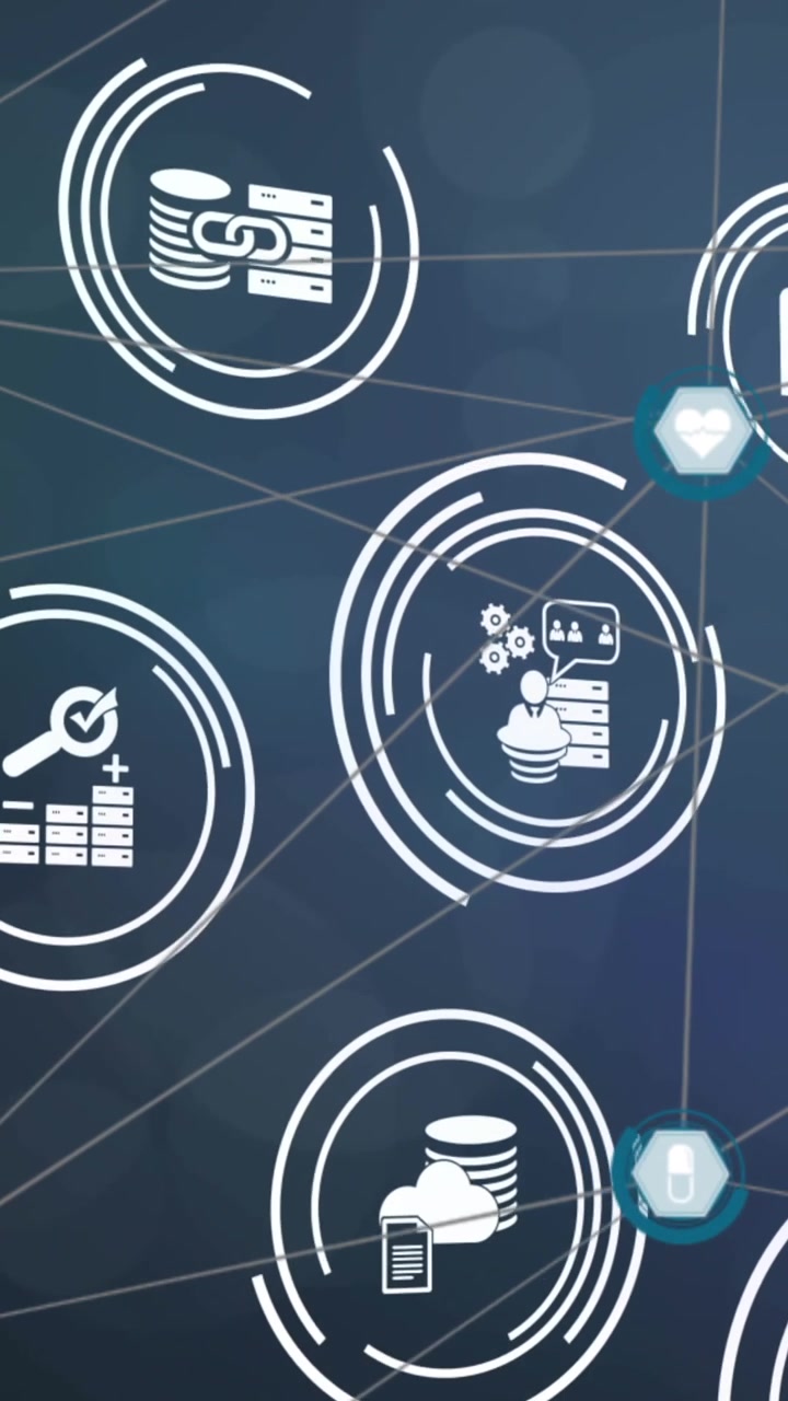 Animation of network of digital icons against spots of light on blue background