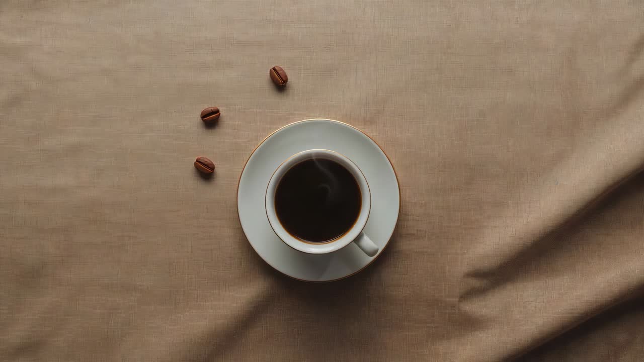 Aggiunta di chicchi di caffè che entrano da sinistra formando una dispersione curva attorno alla tazza e al piattino bianchi su un panno beige