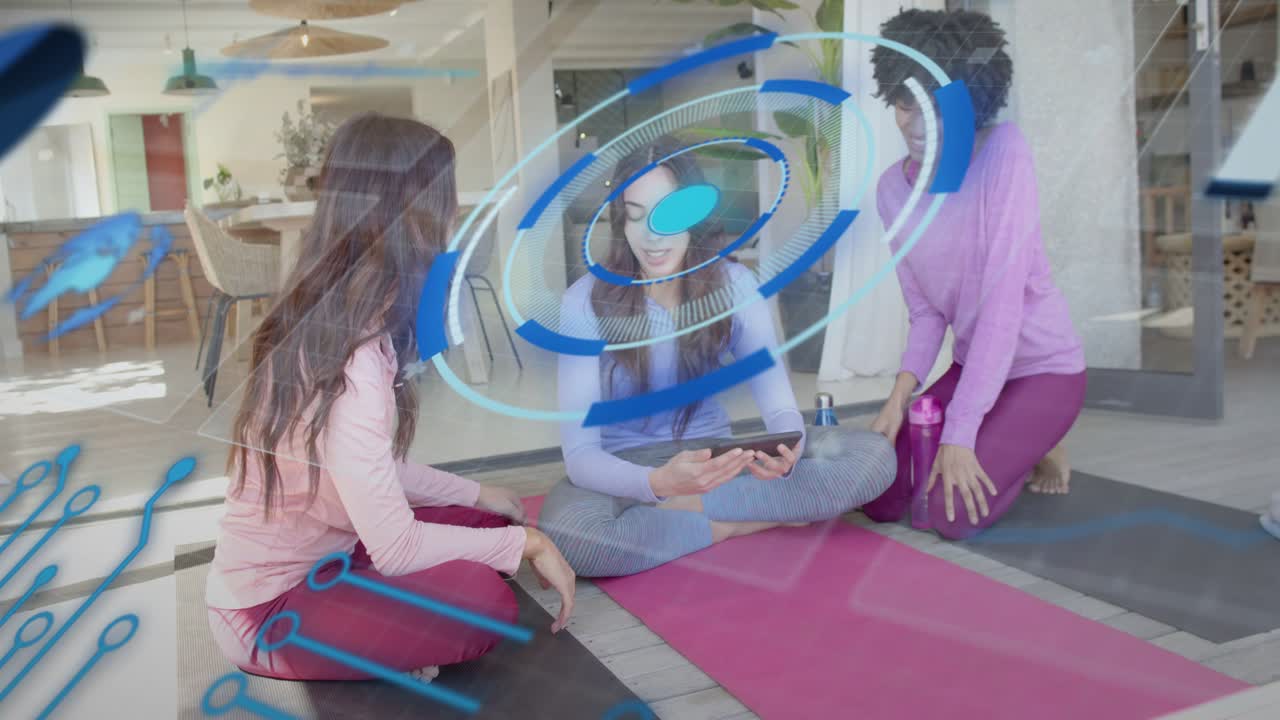 Center woman tapping tablet, left leaning, right kneeling on mats, circle overlay showing workout