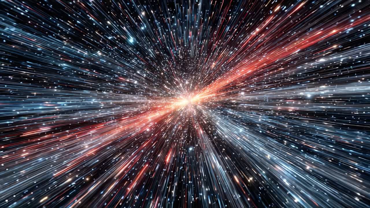 Un viaggio cosmico mozzafiato attraverso l'universo, che mostra uno spettacolo straordinario di luce e movimento mentre energia e particelle vorticano attorno a un nucleo centrale vibrante.