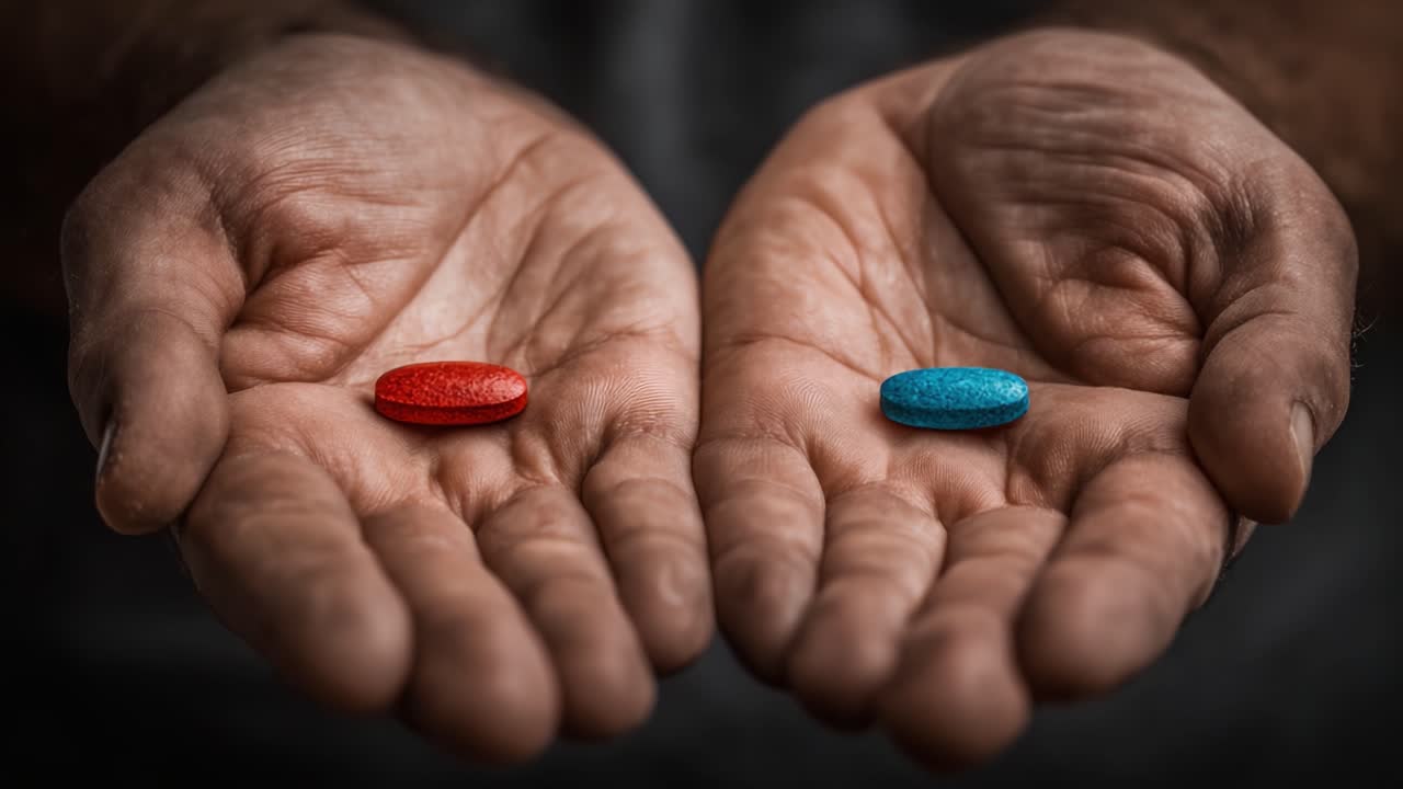 Una Scelta Drammatica Tra Due Pillole: Rossa e Blu che Rappresentano Percorsi e Decisioni Divergenti nella Vita, Simboleggiando l'Importanza delle Scelte che Compiamo