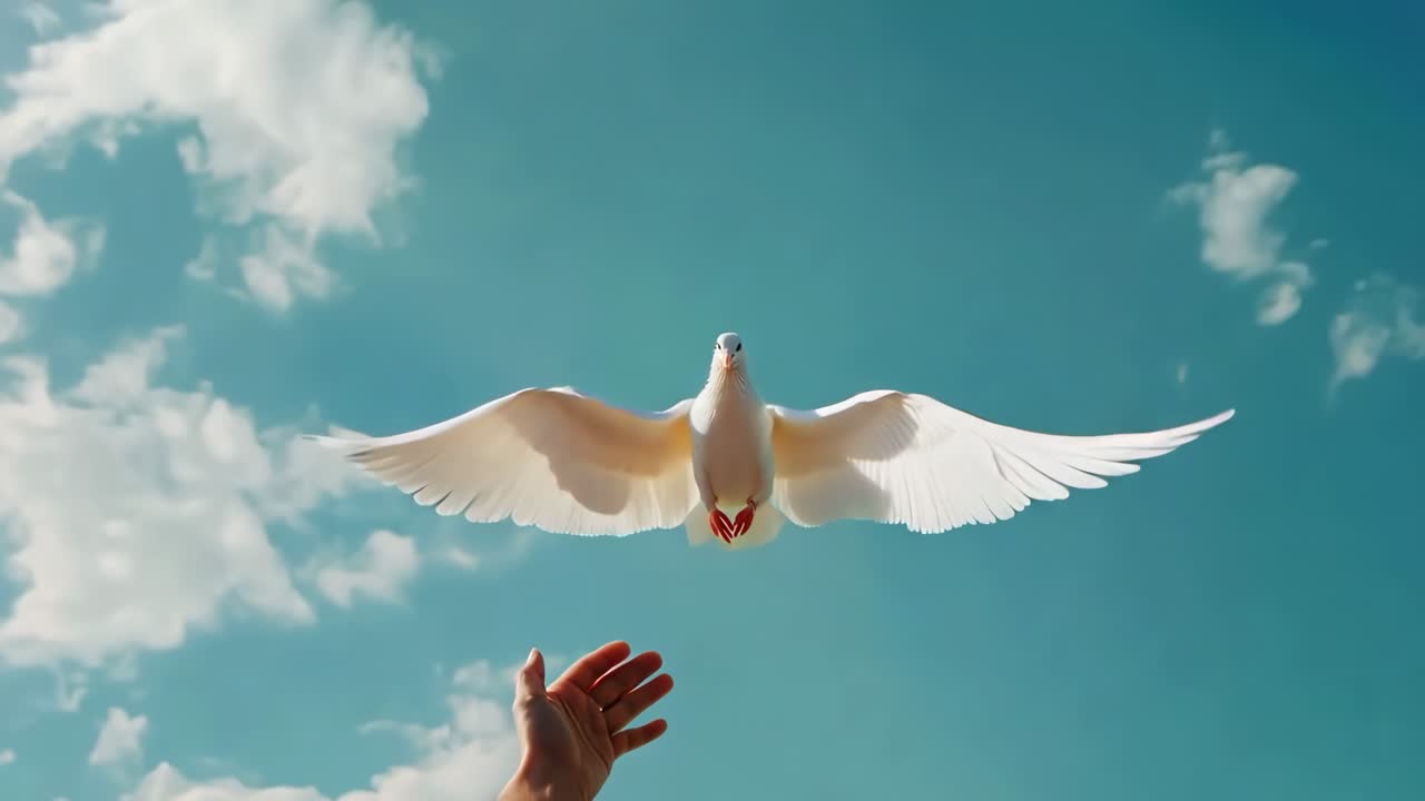 A low-angle video shot captures a white dove soaring against a bright blue sky, symbolizing freedom