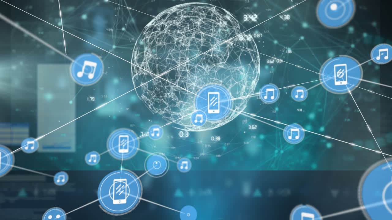 Animation of data processing over network of connections with icons