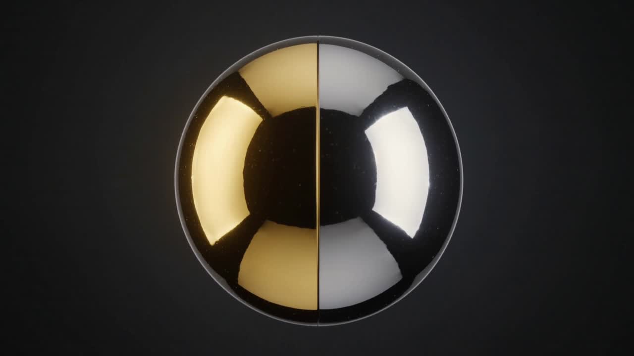 Showing centered gold-silver sphere mirroring box glint with lighting shifting in dark gray studio