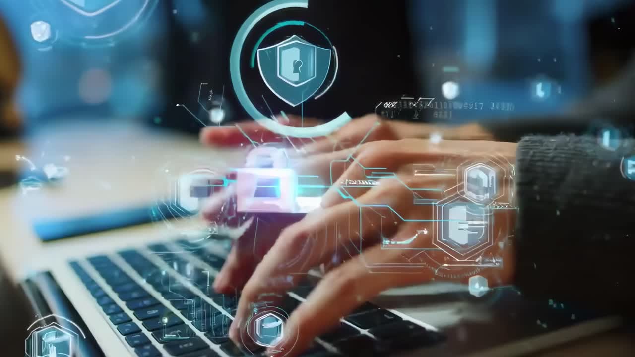 Video en primer plano de manos escribiendo en un portátil, con iconos de seguridad digital superpuestos