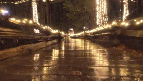 rainy boardwalk in park decorated with warm christmas lights