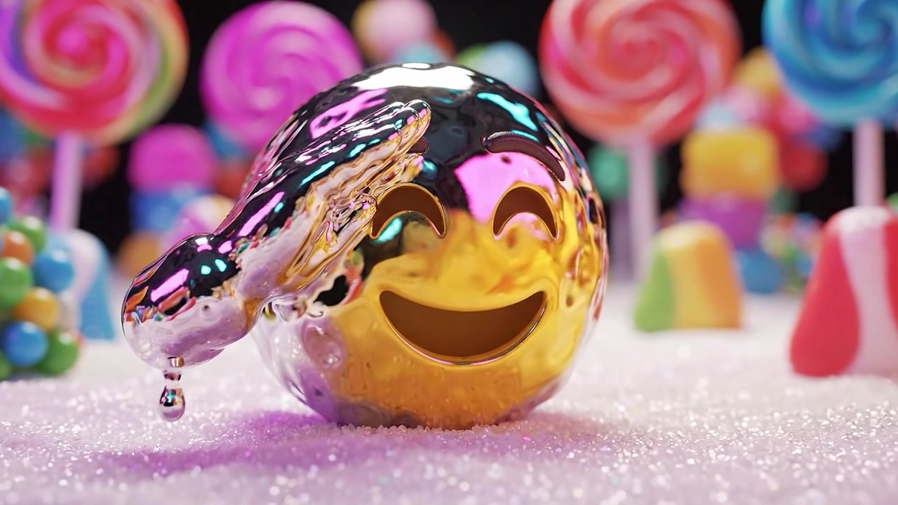 Una scena allegra e stravagante con un personaggio lucido e sorridente in mezzo a un vivace paesaggio di caramelle, pieno di dolci colorati e decorazioni allegre
