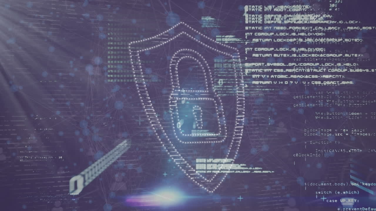 Animation of security padlock icon, light spots and network of connections against purple background