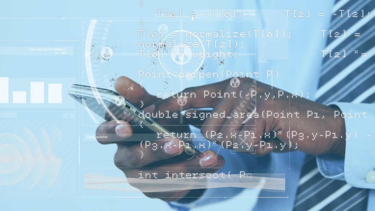 Animation of globe and data processing over african american businessman using smartphone