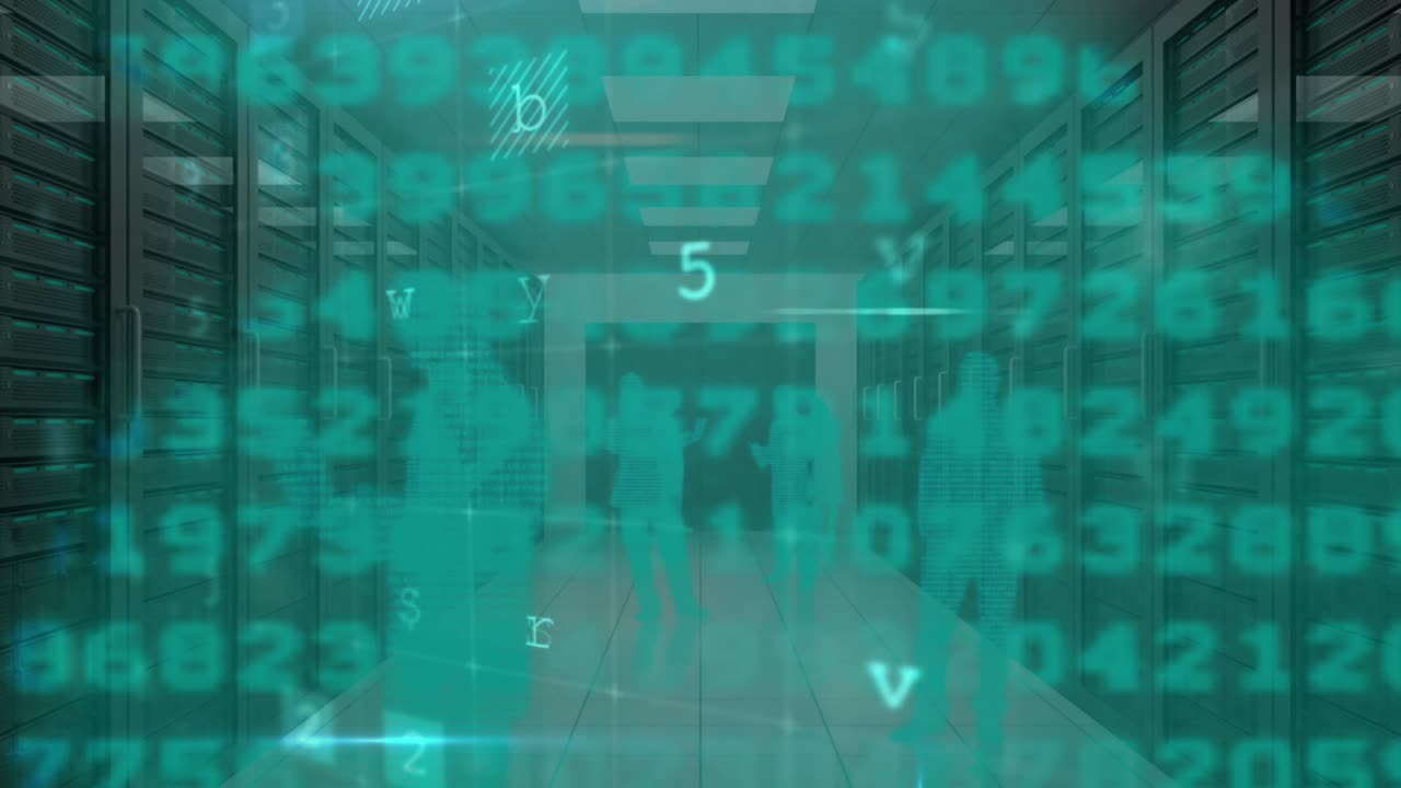 Animation of cyber attack warning over silhouettes of people in server room