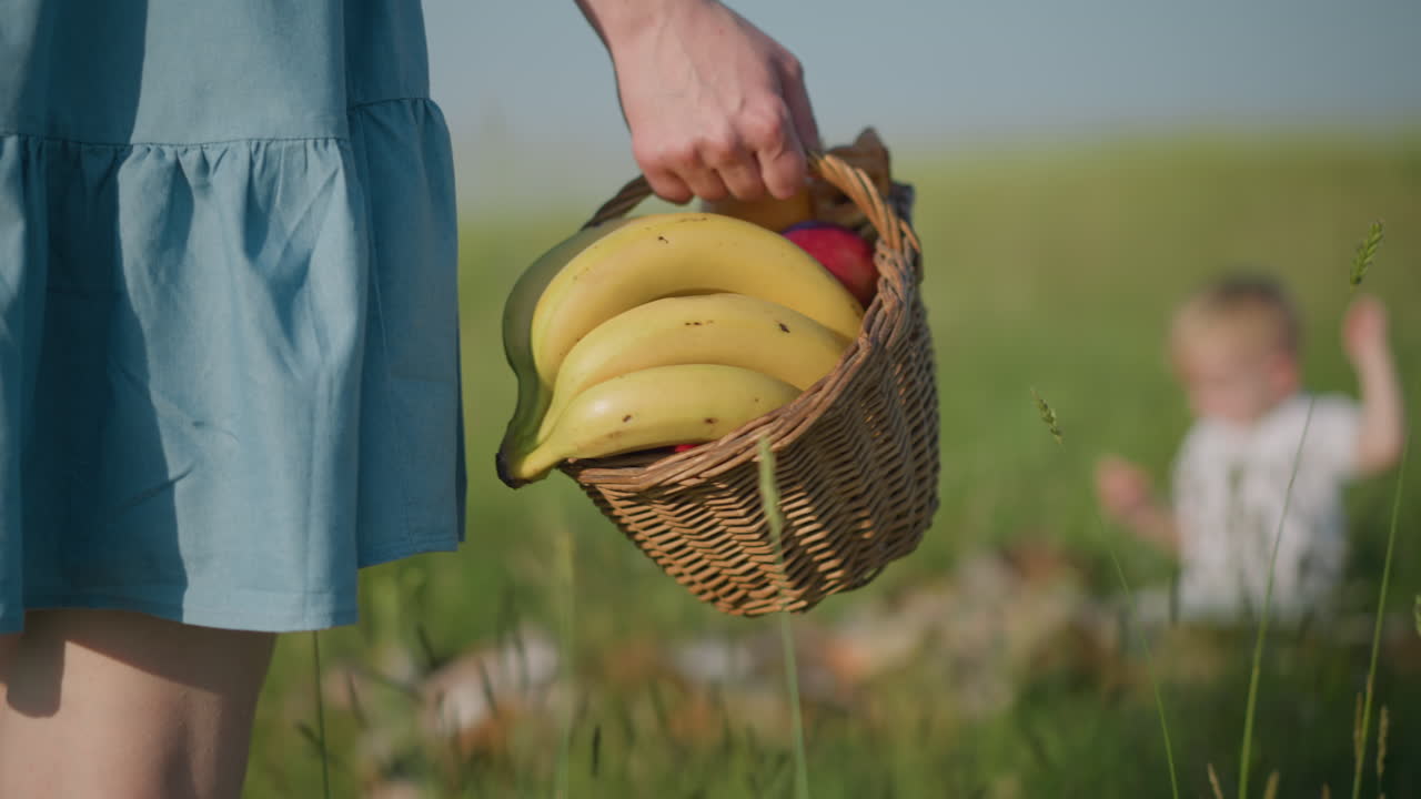 una mujer con un vestido azul fluido, su cara no visible, lleva una canasta llena de plátanos y otras frutas mientras camina hacia un niño pequeño borroso en un campo cubierto de hierba