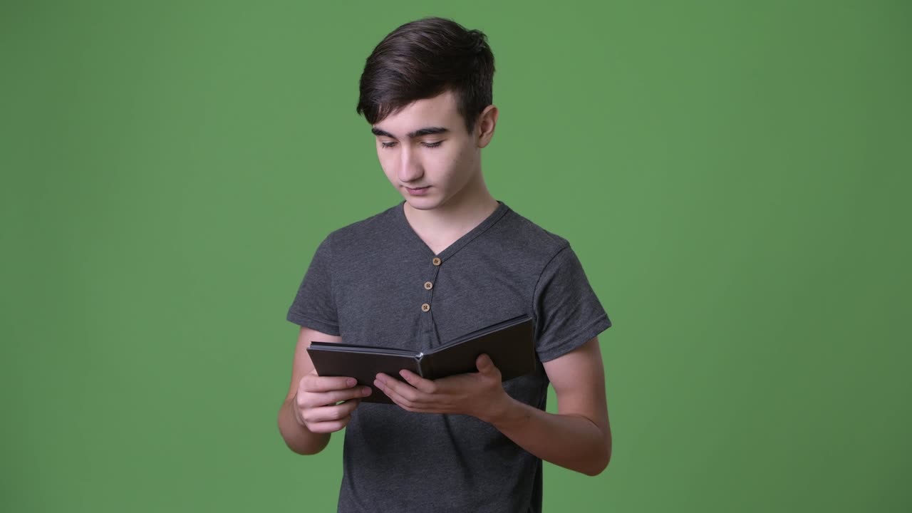 초록색 배경에 젊은 잘생긴 이란 십대 소년