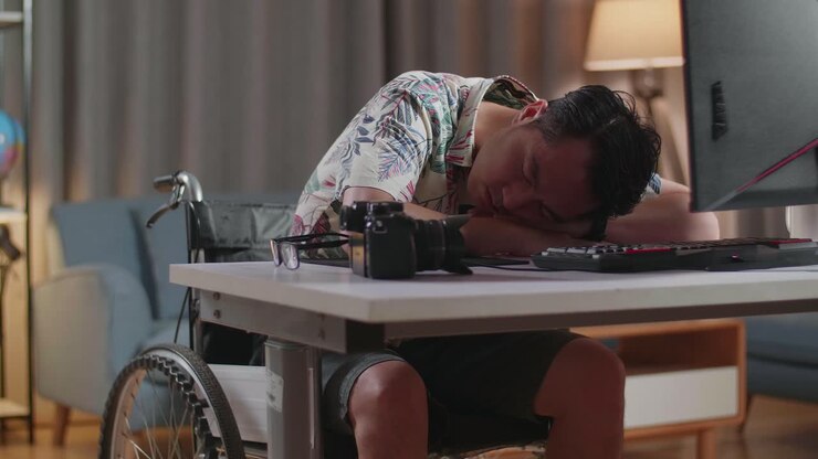 Tired Asian Man In Wheelchair Sleeping While Editing The Video By A Desktop Next To The Camera At Home