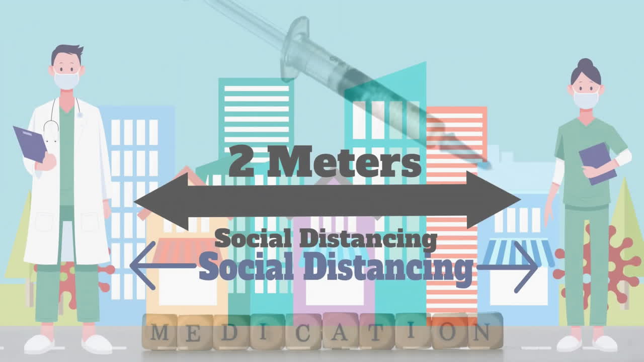 주사기 및 사회적 거리 두기 텍스트의 애니메이션이 의사 아이콘과 도시 풍경 위에 있습니다.