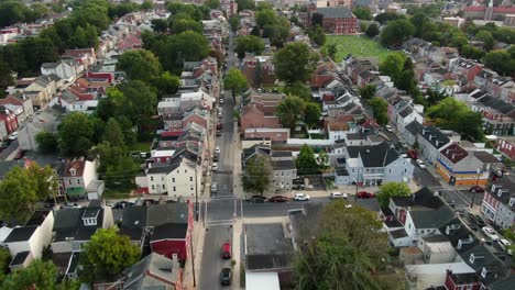 Aerial-flyover-reveals-downtown-city-of-Lancaster,-PA-Pennsylvania