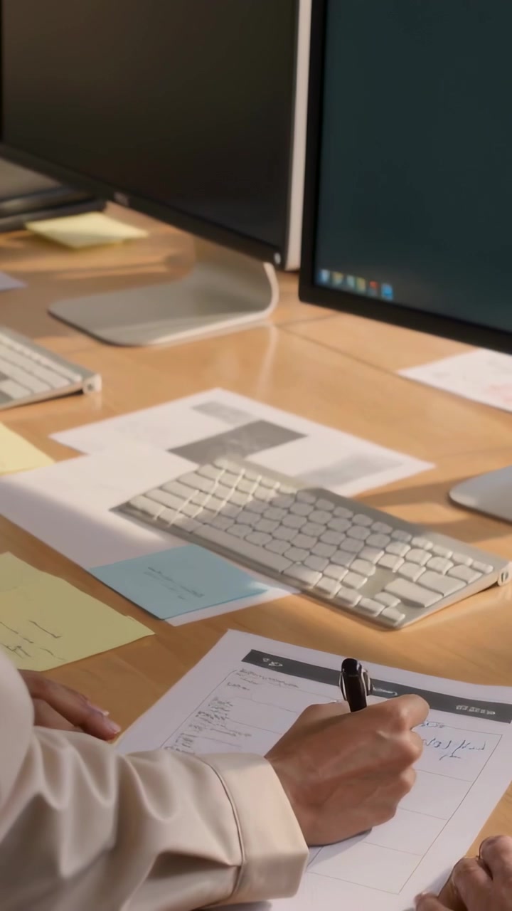 Vertical video: Left hand entering, scarfed woman filling form at desk to complete plan, copy space