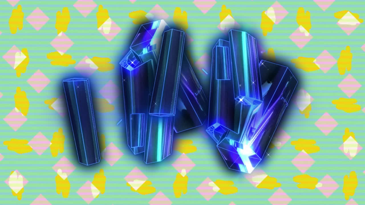 Glowing blue crystals with animation over colorful geometric pattern background