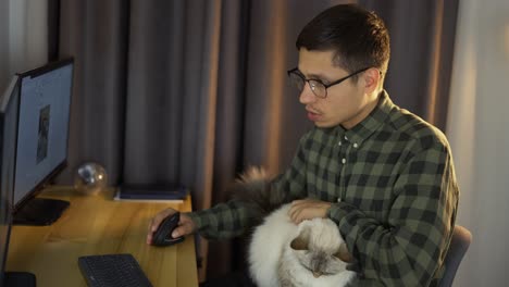 young guy looking at screen trading online from home office sit with cute white fluffy cat