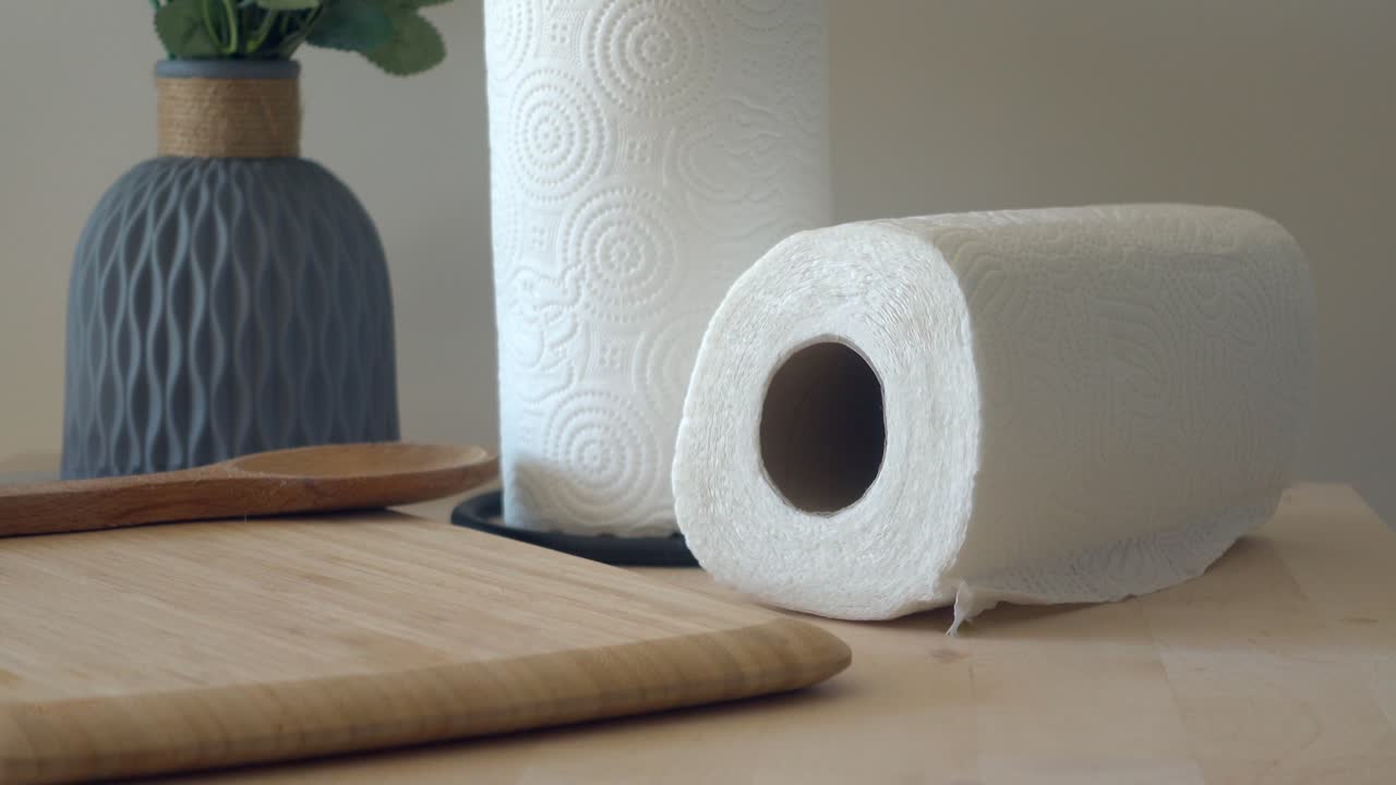 Kitchen table with paper towels, cutting board and vase.