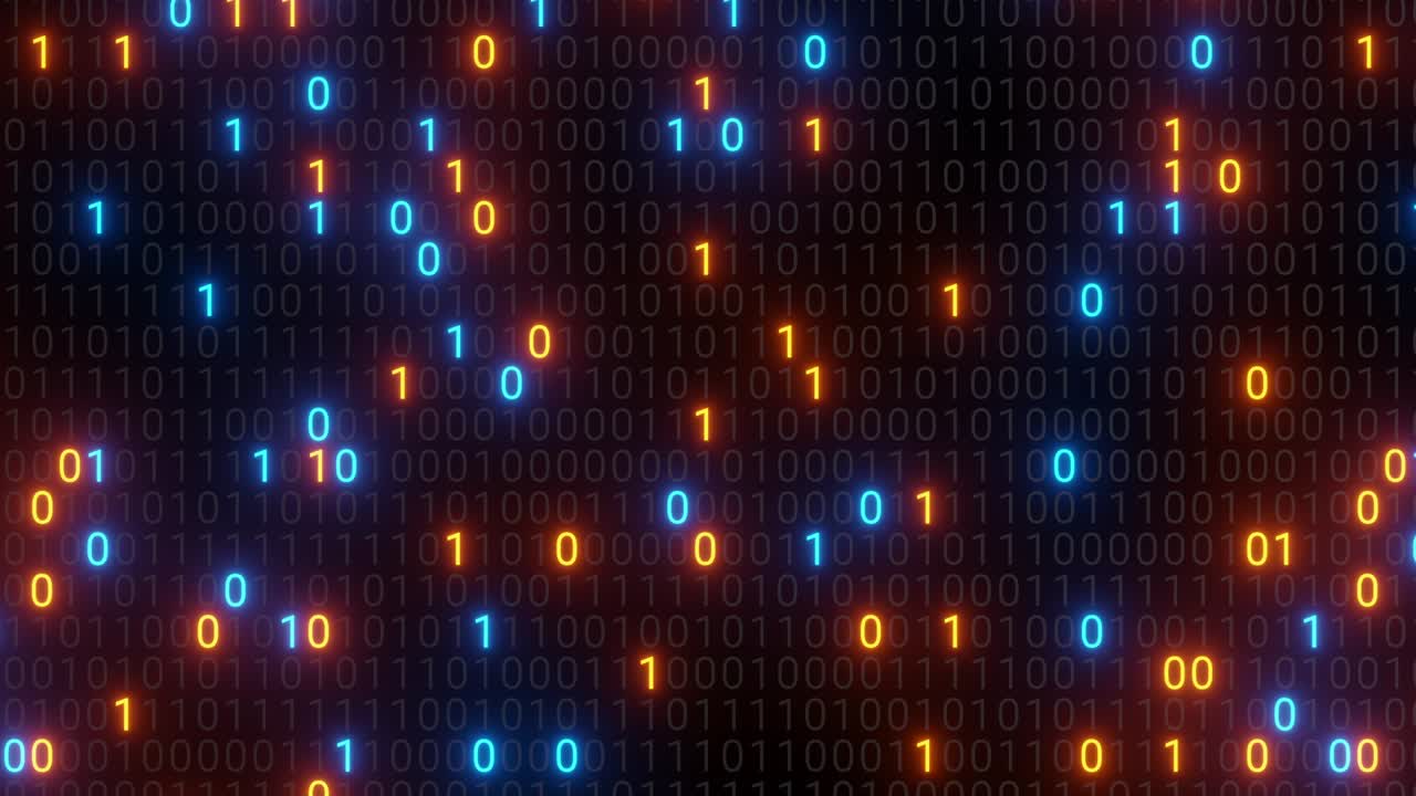 abstract sin costuras azul y naranja código digital binario matriz fondo vj bucle con llamarada.