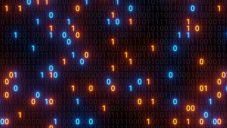Fundo abstrato contínuo de matriz de código binário digital azul e laranja em loop VJ com reflexo