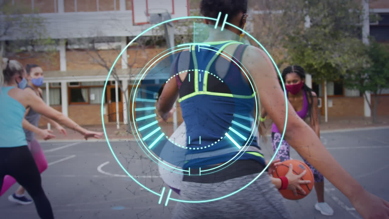 animación del círculo de procesamiento sobre diversas personas jugando al baloncesto