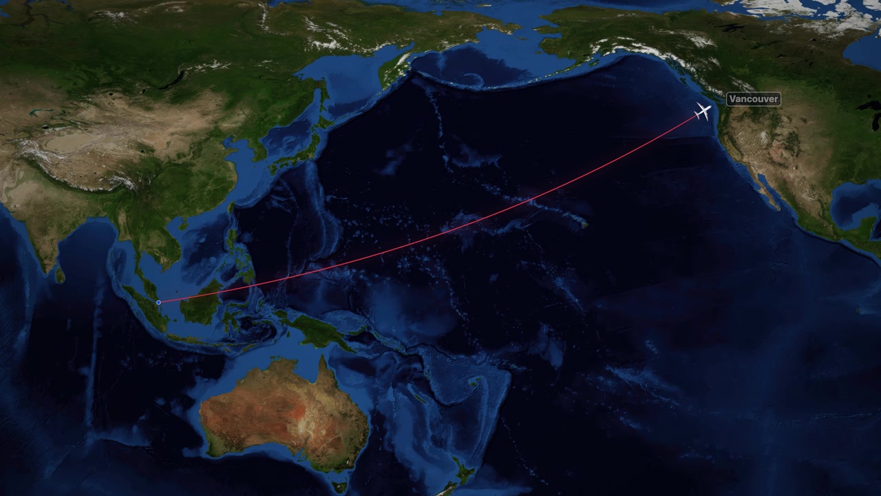 A digital airplane icon travels along a red line across a satellite world map view
