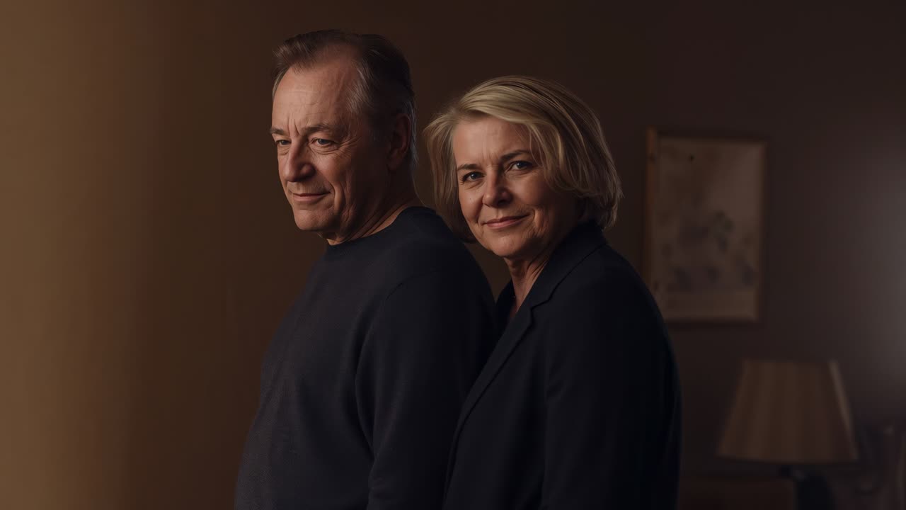 Turning toward off-camera warm light, senior couple leaning and smiling at home, with lamp, artwork
