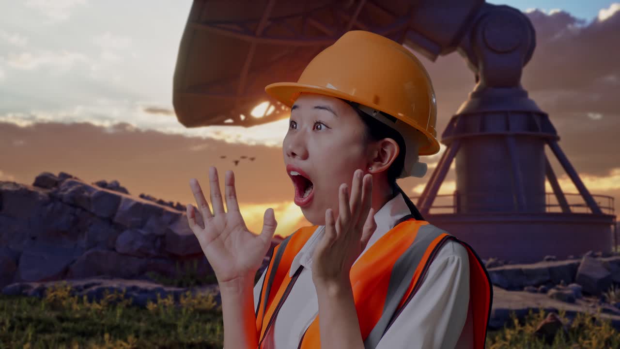 Close Up Side View Of Asian Female Engineer With Safety Helmet Smiling And Saying Wow While Standing With Large Satellite Dish