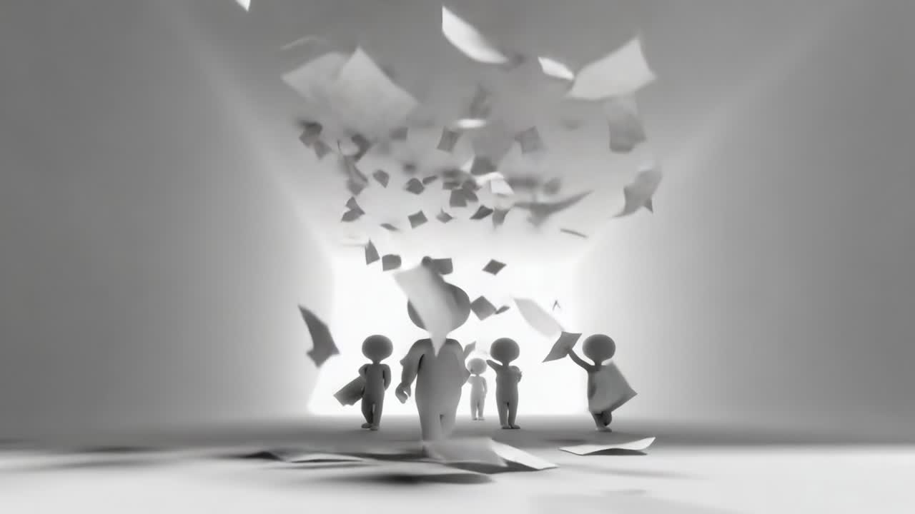 A Journey Through a Paper Storm: Exploring the Symbolism of Transition, Emotion, and Change in a Surreal World of Floating Paper and Figure Interactions