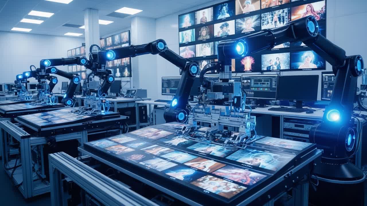 An Advanced Robotic Workspace Featuring Multiple Articulated Arms Engaging with Interactive Touchscreen Displays in a State-of-the-Art Digital Environment