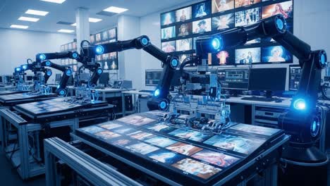 an advanced robotic workspace featuring multiple articulated arms engaging with interactive touchscreen displays in a state-of-the-art digital environment