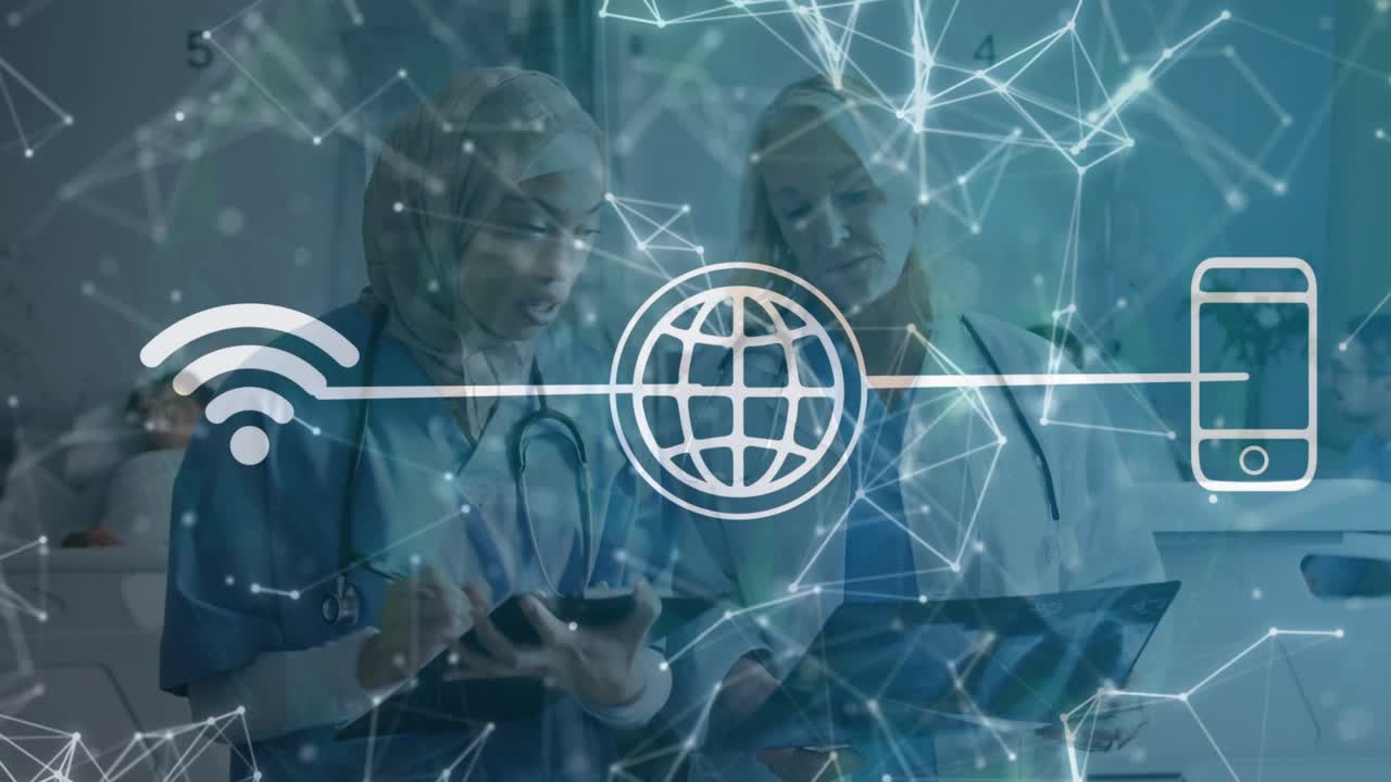 Healthcare team using tablet initiating network flow overlay while doctor reviewing folder in ward