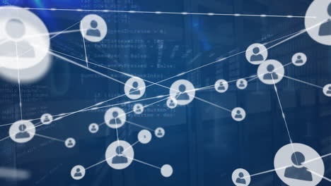 Animation-Eines-Verbindungsnetzwerks-Mit-Symbolen-Und-Datenverarbeitung-über-Computerserver