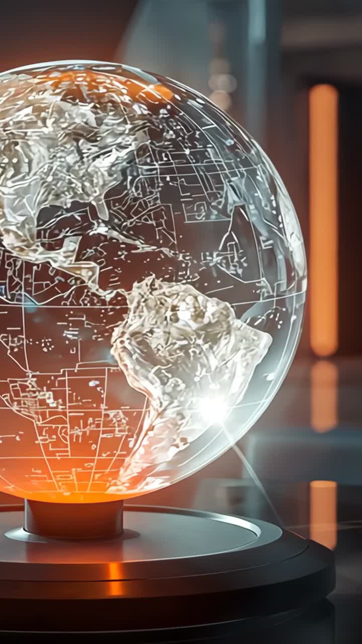 Vertical video: Rotating holographic globe on metal base in lab, with circuit map, orange LED light