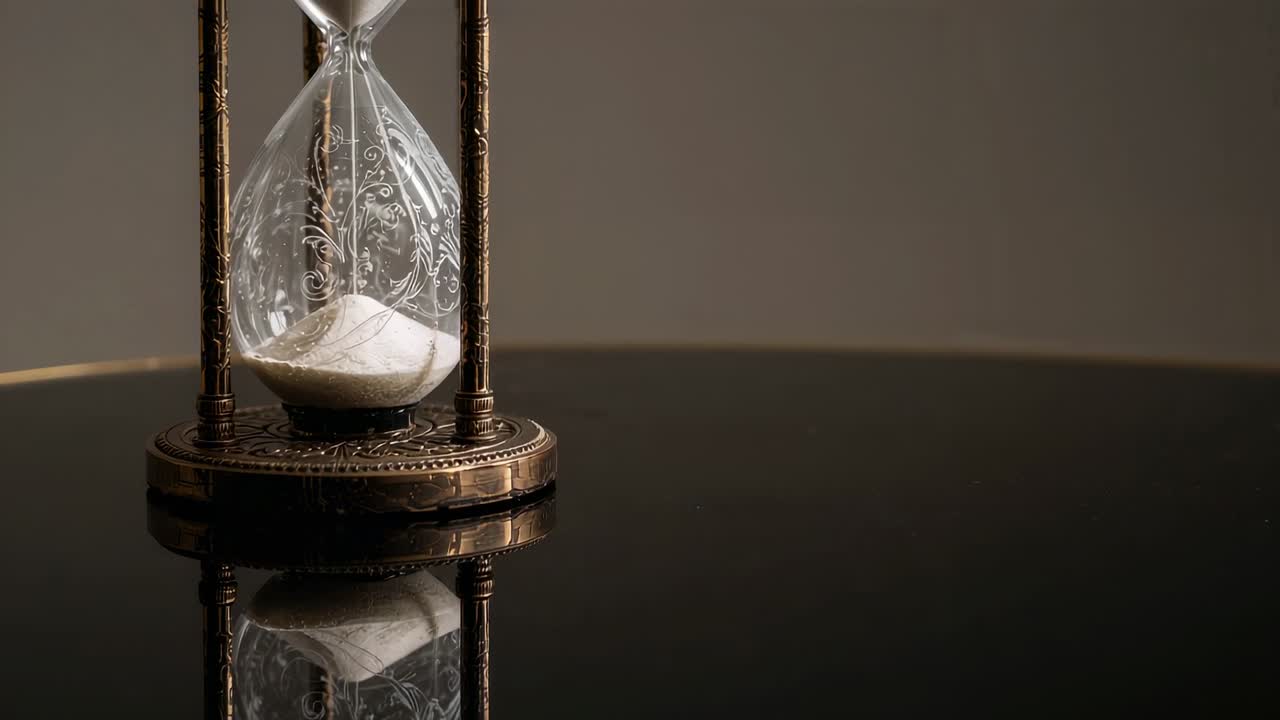 White sand flowing through floral brass-framed hourglass on black table by beige wall, marking time