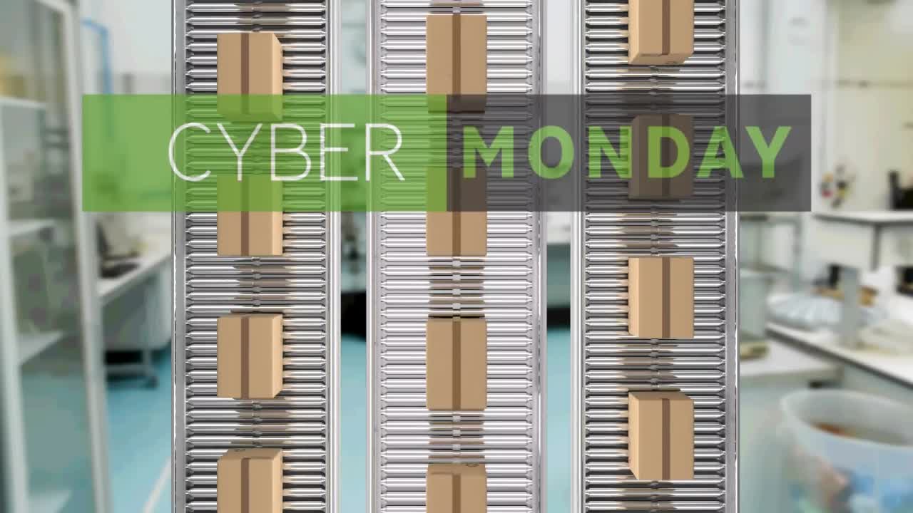 컨베이어 벨트에 있는 카드보드 상자 위에 있는 사이버 월요일 텍스트의 애니메이션