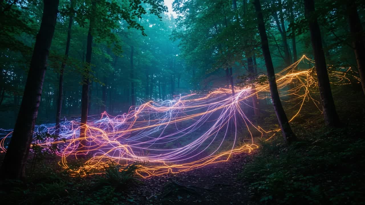 A Mystical Journey Through a Foggy Forest Illuminated by Colorful Light Trails in Motion, Capturing the Ethereal Beauty of Nature at Dusk