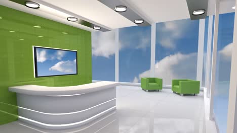 modern foyer and a television screen with blue sky and clouds