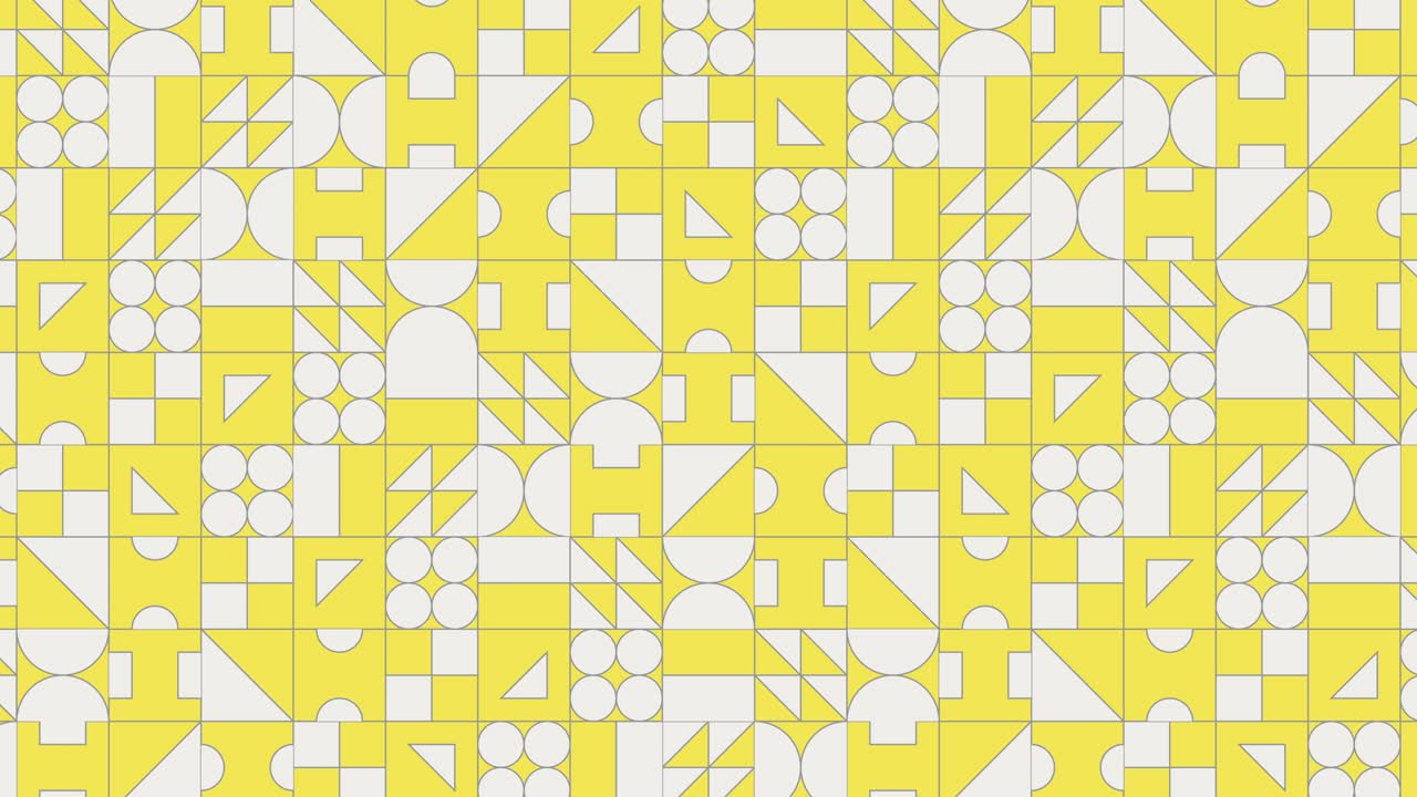 White geometric shapes with thin borders in symmetrical design pattern on a yellow background. Seamless loop motion graphic mosaic of retro ornament