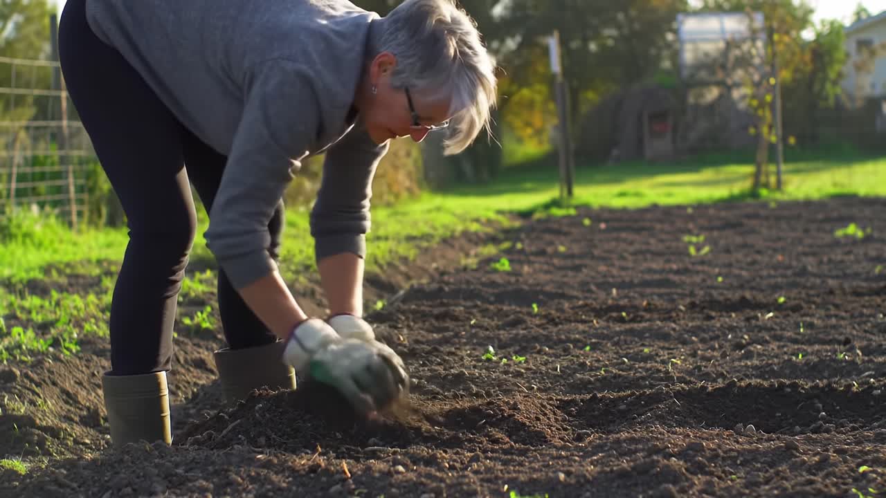 En entusiastisk trädgårdsmästare som brukar jorden och förbereder för plantering i en livfull trädgård, med betoning på hårt arbete och kontakt med naturen