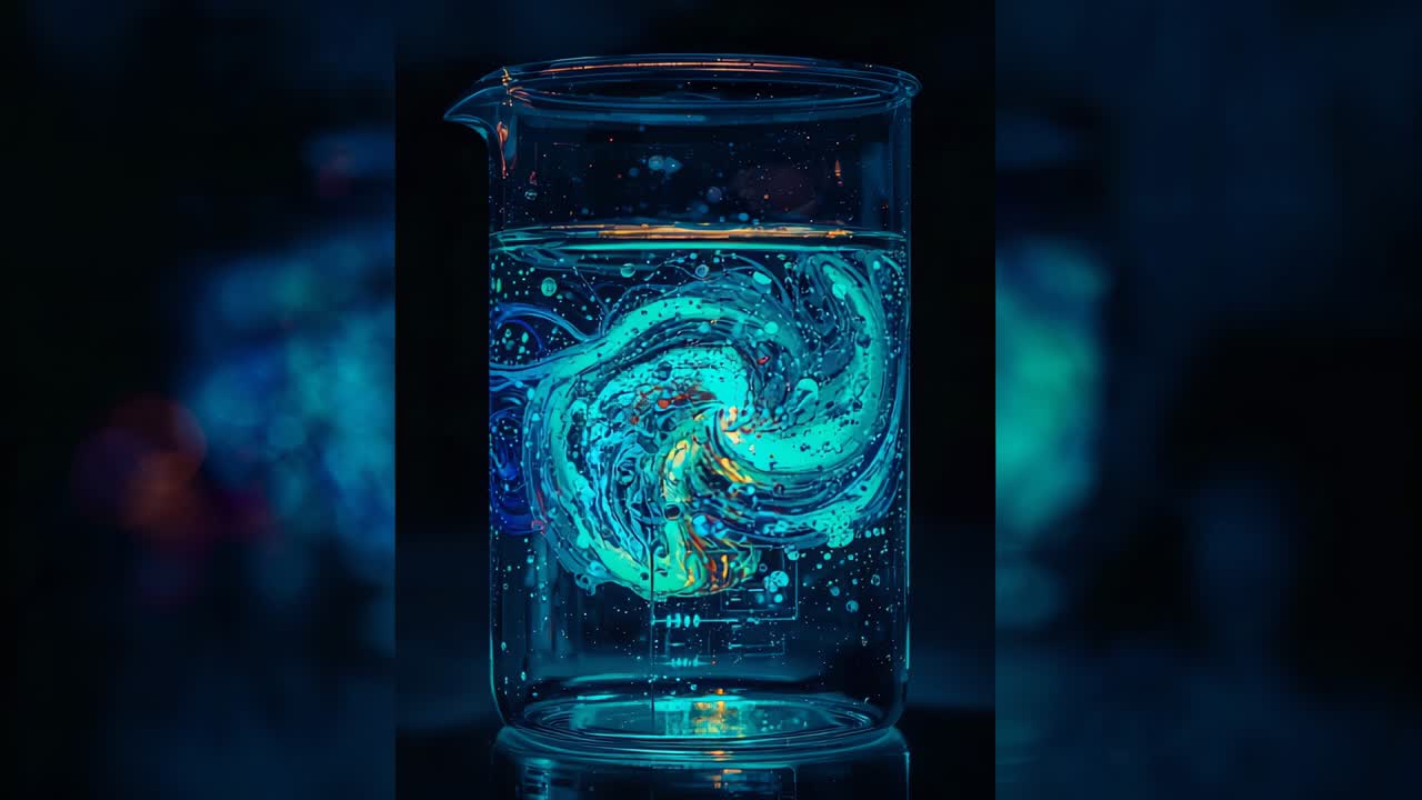 Rotating cyan vortex inside transparent glass beaker forming on dark bench, bubbles rising