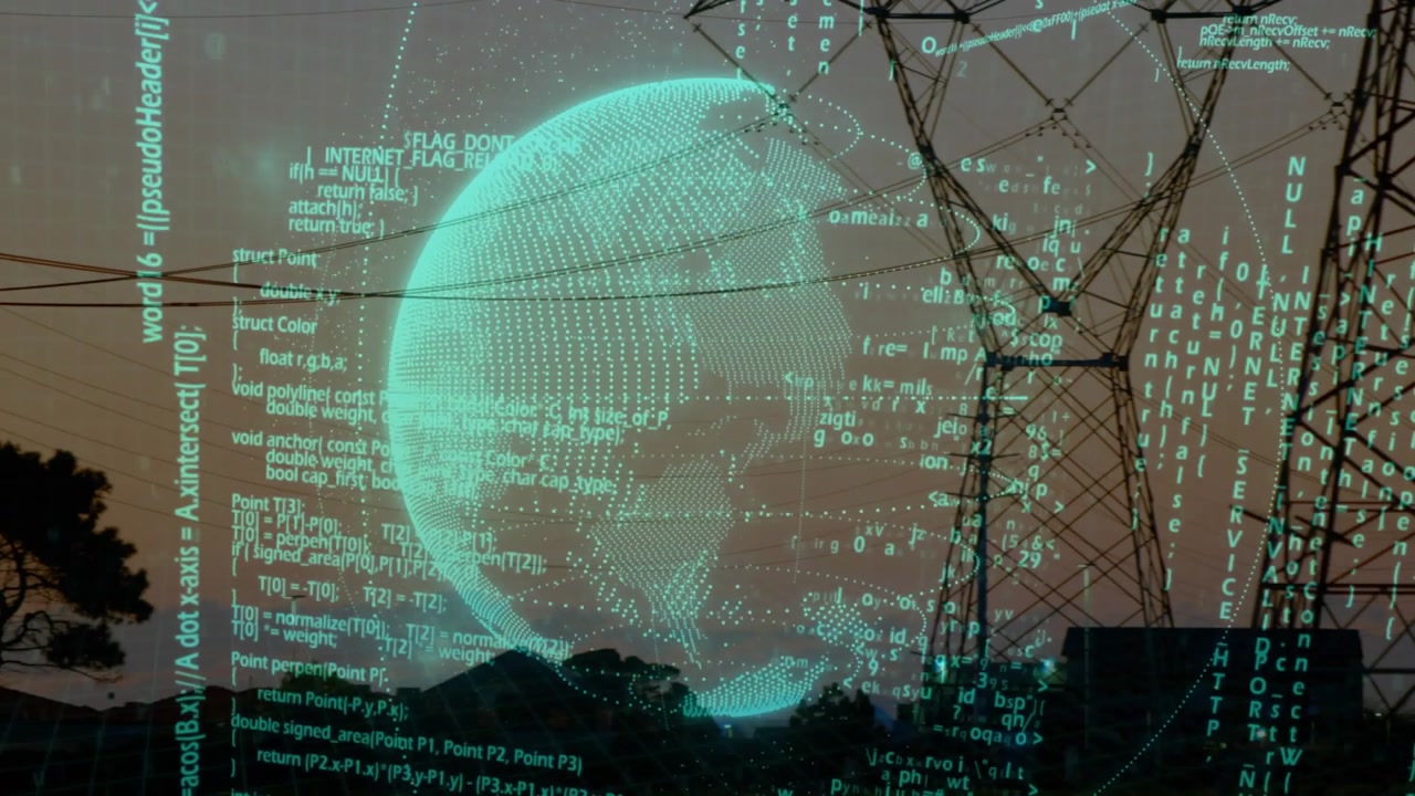 Dusk view with tree and pole, globe appearing code streaming and towers emerging showing data link