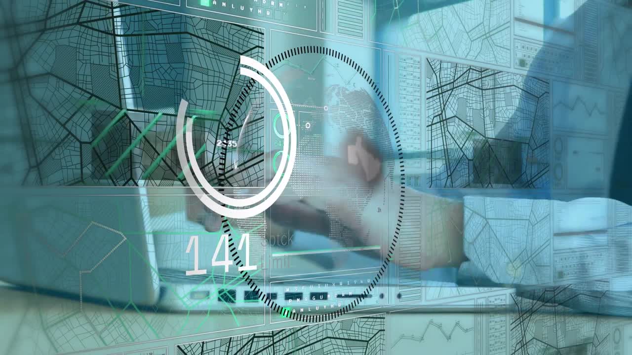 animación del alcance con procesamiento de datos sobre un hombre de negocios caucásico que usa una computadora portátil