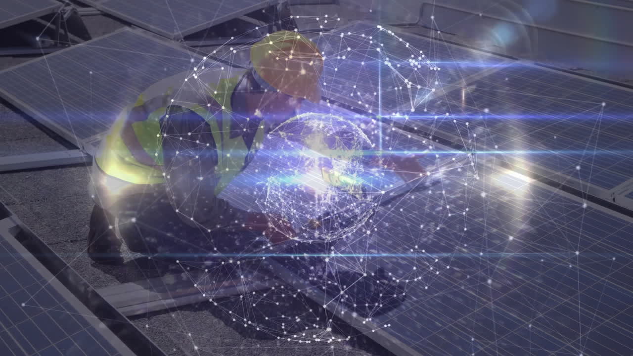Solar technician kneeling rooftop inspecting panels, displaying network globe tech overlay
