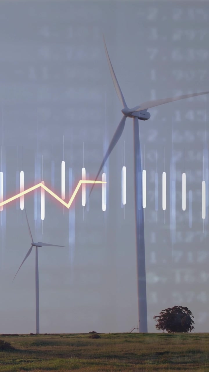 Vertical video: Data overlay appearing, turbines turning, bars pulsing, orange trend tracing power