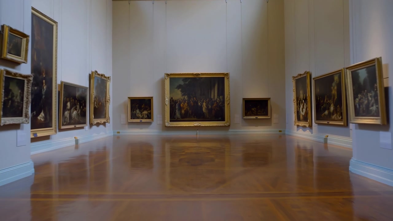 Galleria di museo classico vuota con dipinti, pavimento in parquet lucidato, soffitti alti e campate colonnate