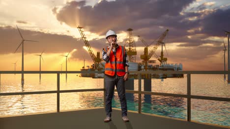 full body of asian male engineer with safety helmet making shh gesture while standing with offshore hydrogen production