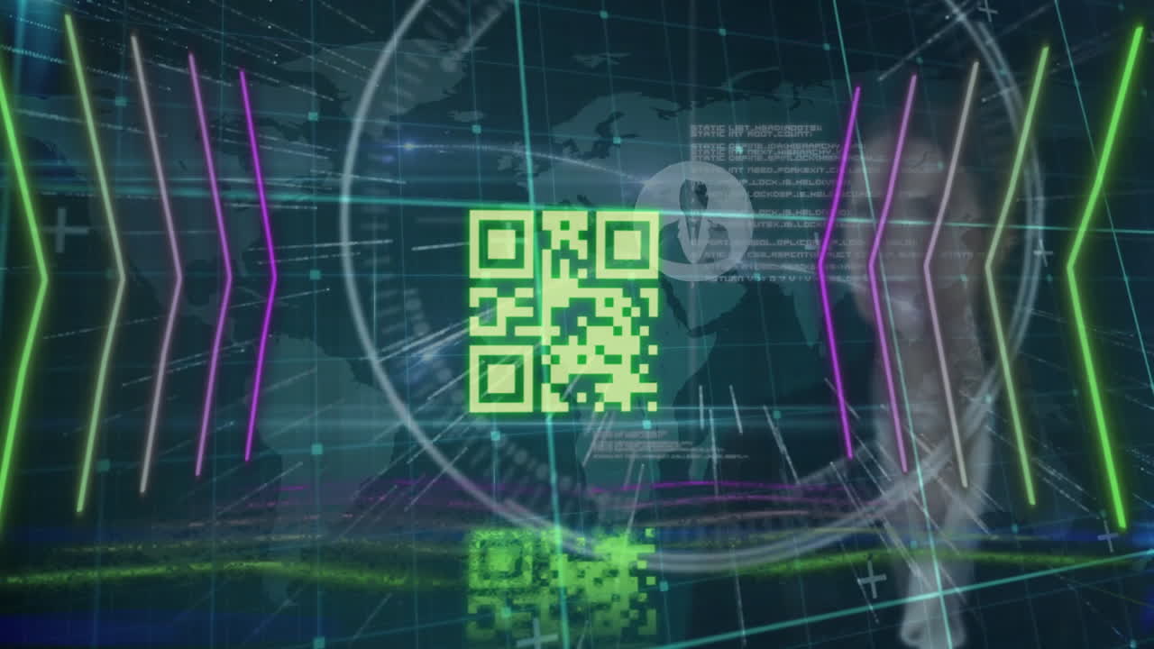 Green QR code and digital data processing animation over futuristic grid background