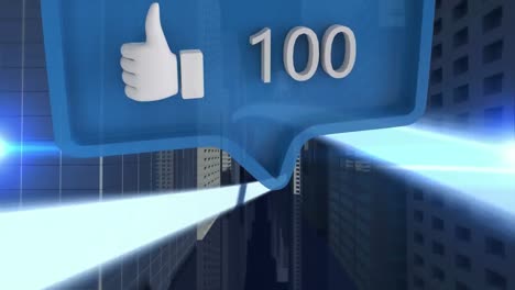 Like-icon-with-increasing-numbers-on-speech-bubble-against-blue-light-trails-over-3d-city-model